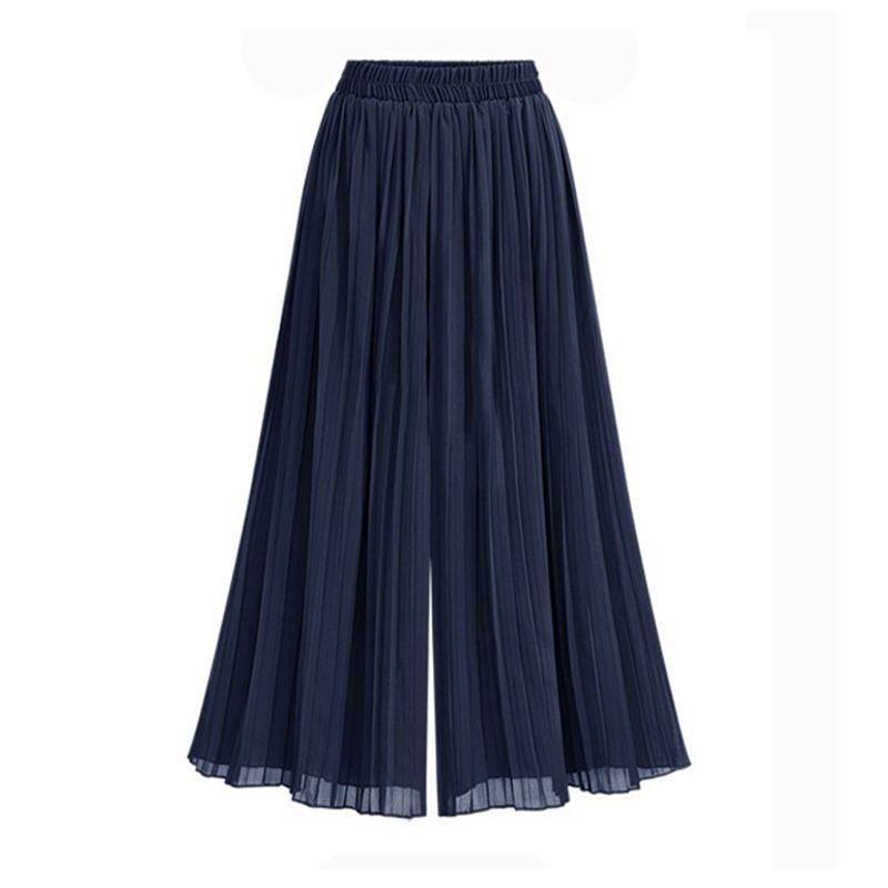 Chiffon Wide-Leg Pleated High-Waist Slimming Loose Fit Nine-Point Skirt Pants for Women