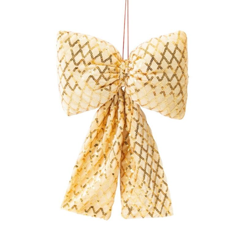 Fabric Christmas Bowknot Hanging Decoration With Shimmering Plaids Design For Christmas Party Home Holiday Accent