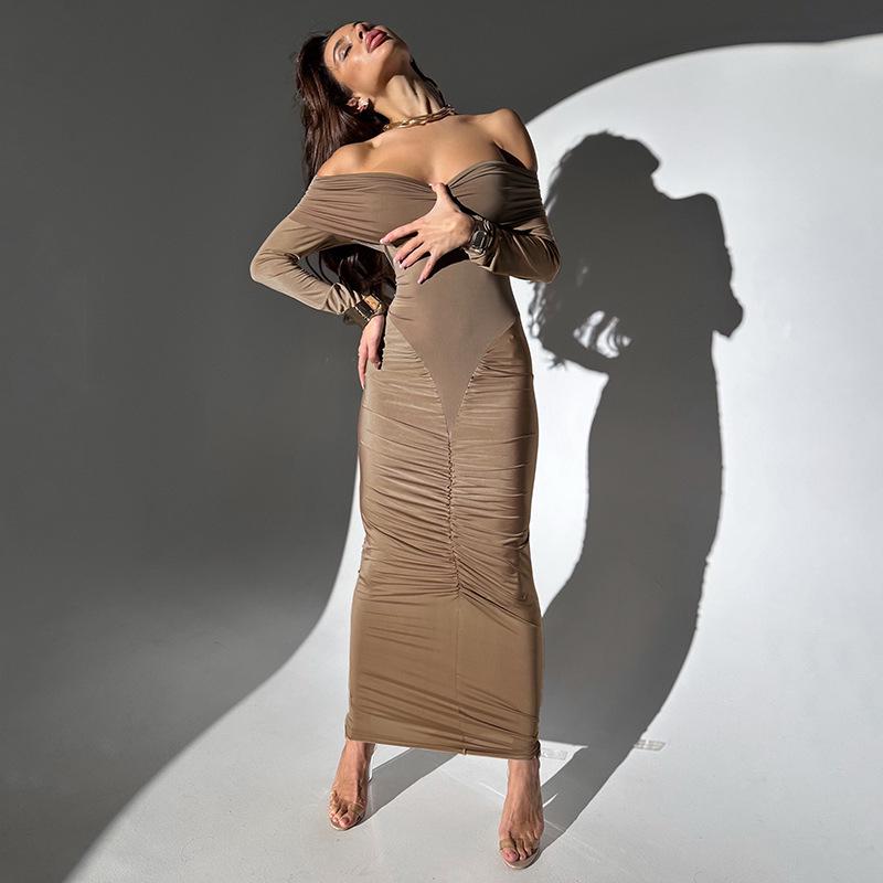 Elegant Ruched Patchwork One-Shoulder Maxi Dress - Winter Edition