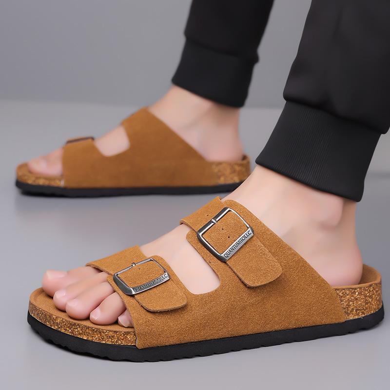 Fashion New Designer Cow Suede Slippers for Men Summer Double Buckle Retro Slipper Shoes Male Solid Color Fashion Casual Flip Flops Man