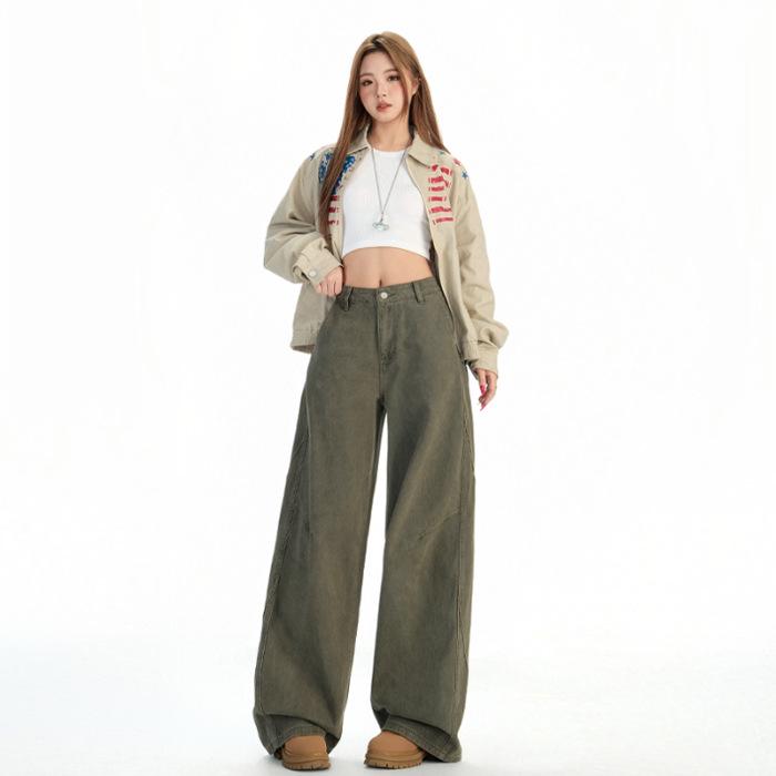 Women's Winter Brown Coffee Wide-Leg Jeans: Relaxed, Floor-Length, Slimming Fit