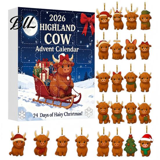 Festliche Partyartikel Hochlandkuh Weihnachtskalender mit 24 Acryl-Anhängern, Countdown-Geschenk für Box Weihnachtsbaum-Hängedekoration Und
