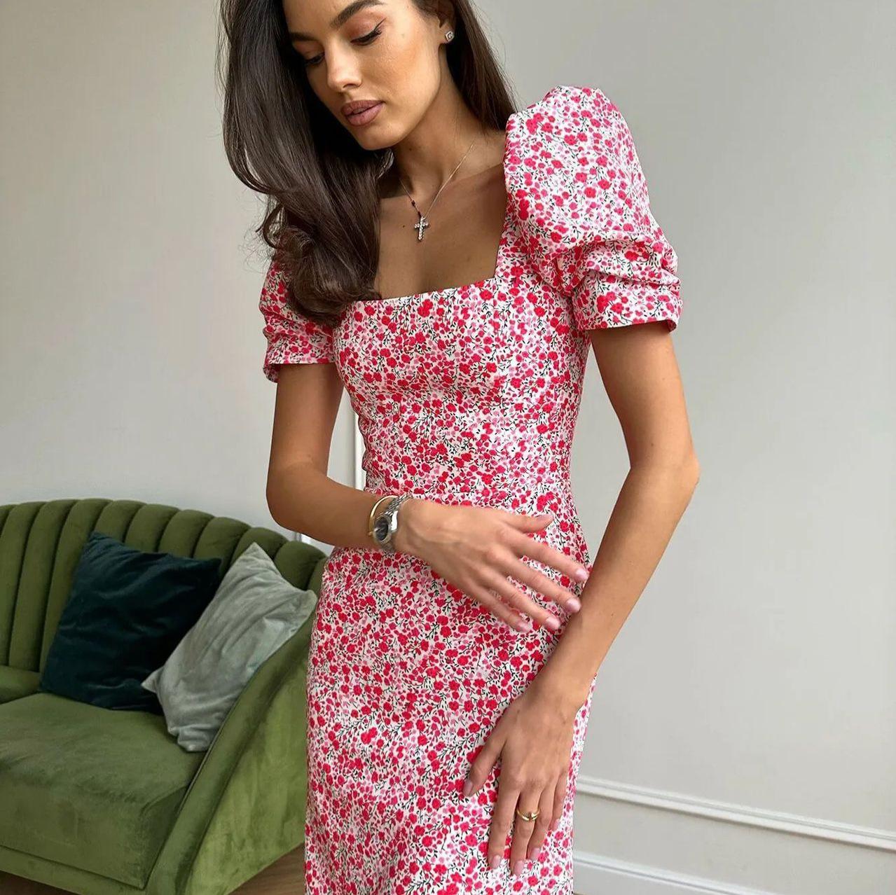 

Women s Floral Print Square Neck Puff Sleeve Dress, Flowers Summer Casual Dress L зелений