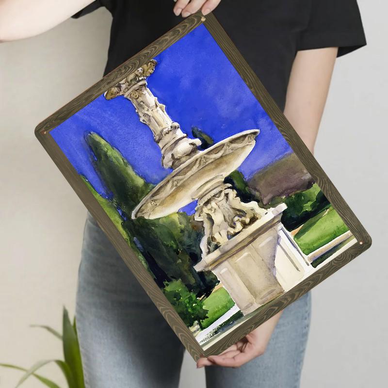 

European Retro Fountain Metal Wall Art Italian Courtyard Decorative Painting Home Decor Mural 20x30cm（7.8x11.8inch）