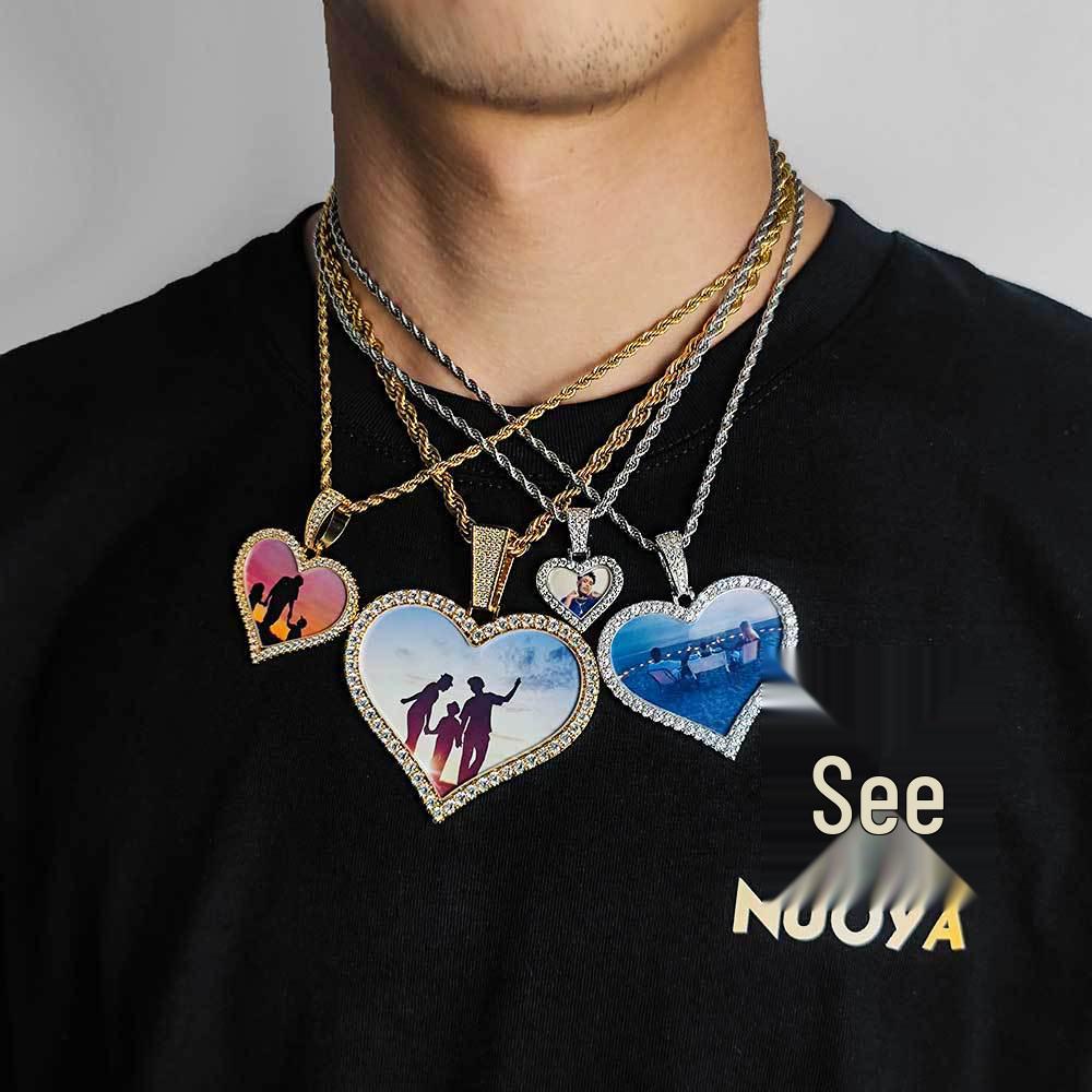 Personalized Men's Heart Pendant: European & American Hip Hop Necklace with Zircon-Embellished Photo Frame