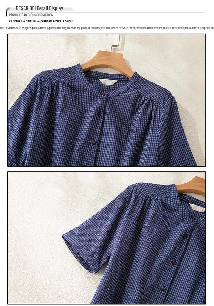 Japanese Style Blue Plaid Cotton Linen Shirt Dress for Women - Summer Short Sleeve Long Layered Design