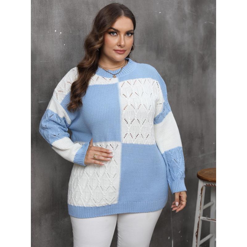 

Large Size Women s Autumn and Winter New Women s Top Pullover Contrast Color Stitching Plaid Sweater L