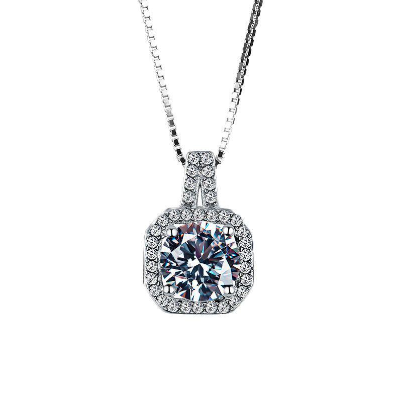 Pt950 White Gold Full Diamond Square Pendant Women's Clavicle Chain - Trendy Celebrity Style
