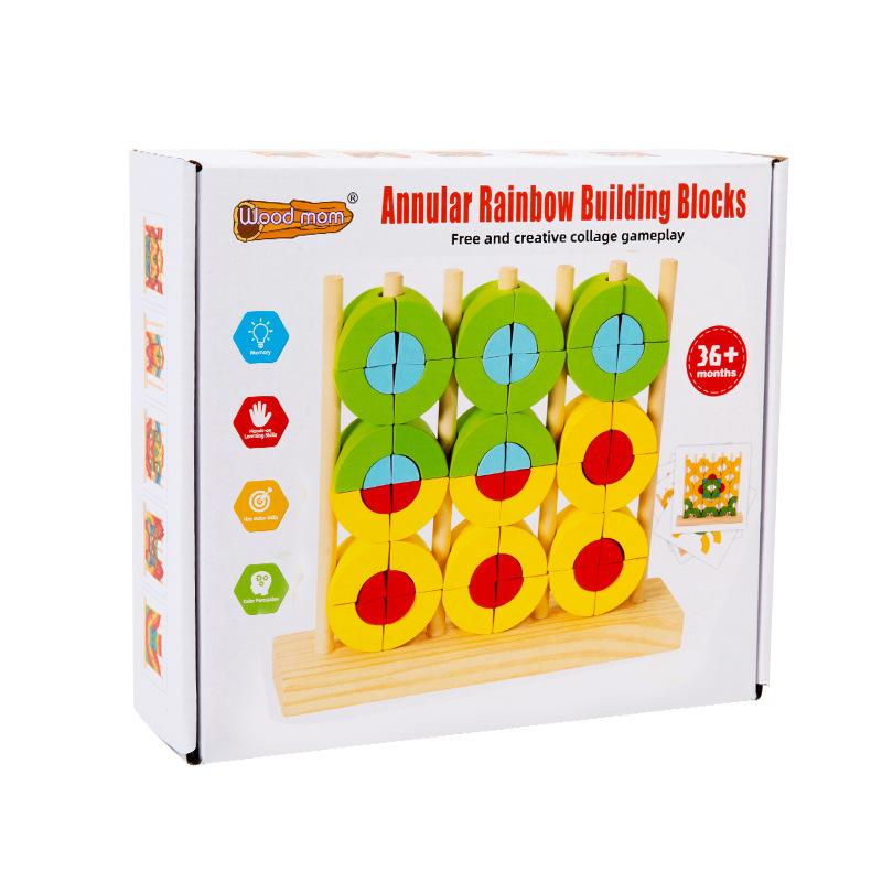 Rainbow Building Block Fun Stacking Set Of Columns Baby Puzzle Early Education Geometric Shape Decomposition Creative Collage Wooden Toys
