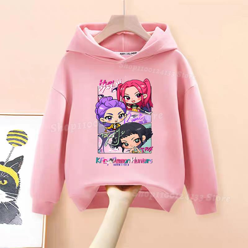 Demone Hunter Girl's Pink Hooded Streetwear Autumn Cute Anime Baby Pullover Kids Y2K Kawaii Long Sleeved T-shirt Casual Clothes