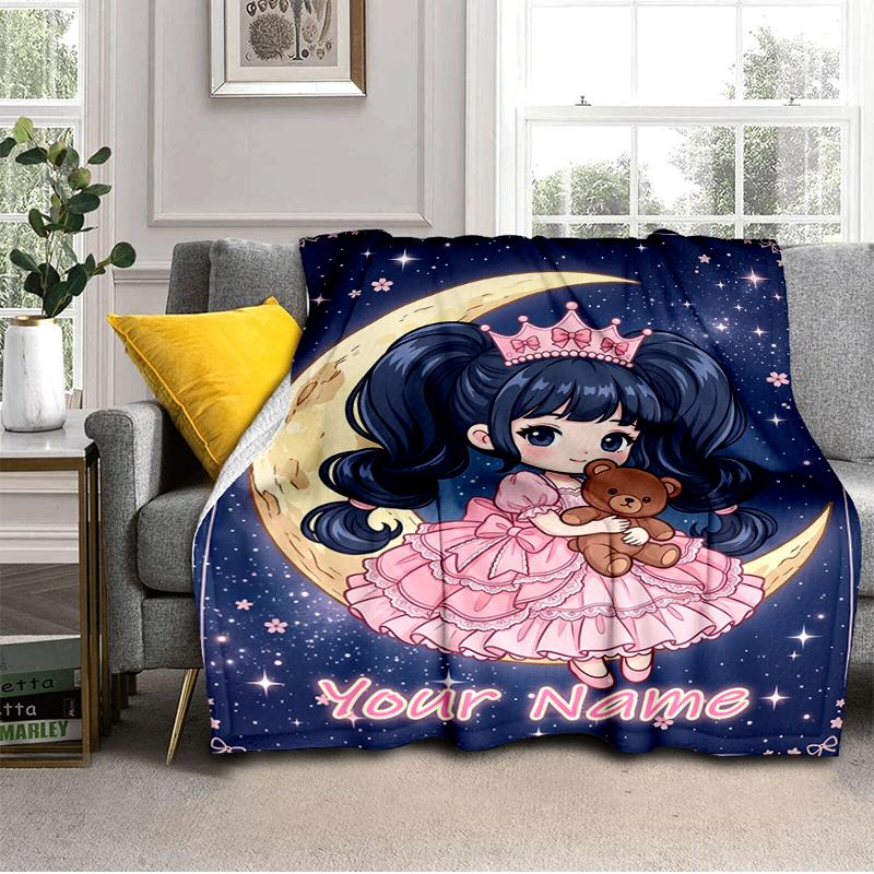1PC Custom Name Princess Moon Night Adventure Blanket Versatile,all-season Throw Suitable for the Living Room,bedroom,camping,travel,and Gift