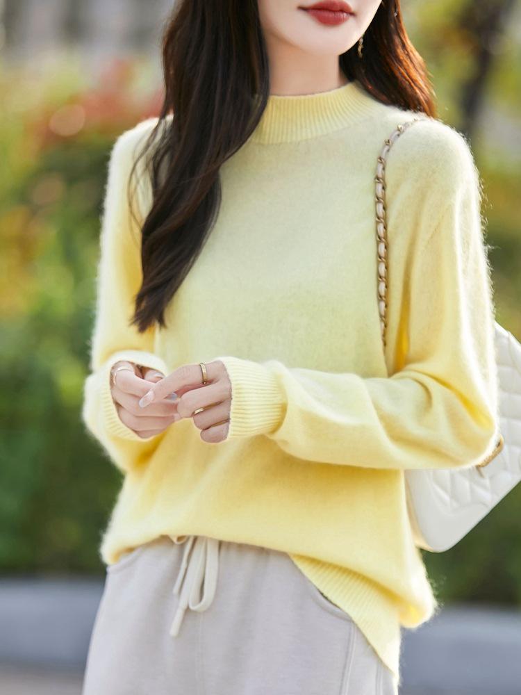Women's Cream Yellow Wool Brushed Pullover Sweater, Half-High Neck Loose Knitwear Base Layer Top