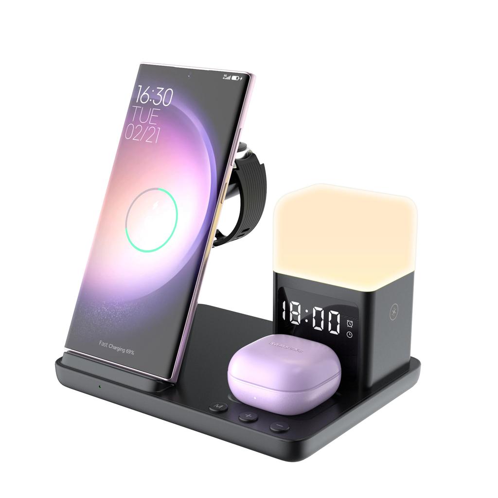 6 In 1 Wireless Charger Stand Alarm Clock Night Light Fast Charging Station Dock for Samsung S23 S22 Galaxy Watch 6 5 4 3 2 Buds