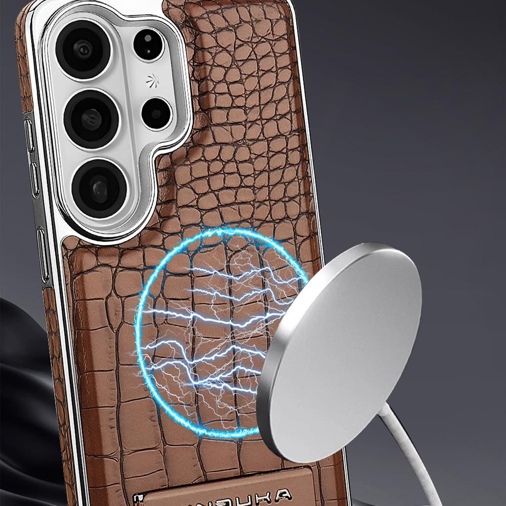 Custodia Lussuosa Business Magnetica in Pelle con Texture Coccodrillo per Samsung S26 Ultra S25 S24 Plus S23 Cover Antishock con Supporto e Sensazione Pelle