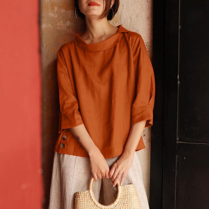 ZANZEA Women Casual Round Neck Solid Color Loose 3/4 Sleeve Blouse