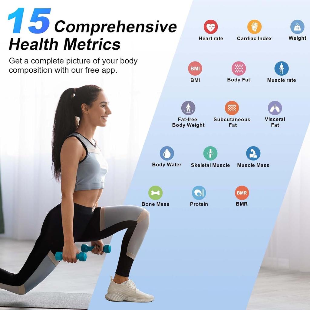 Digital Bluetooth Body Fat Scale – Ultra‑Precise Smart Bathroom Weight Scale with 15 Body Composition Metrics, Large Backlit Display, App Sync