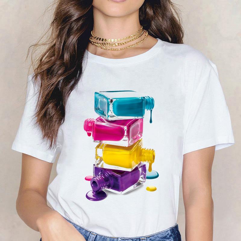 Kpop Fashion Cosmetics 3D Nail Polish Print Tees Women Y2K Tops Summer White Loose Short Sleeve O-Neck Female T-Shirts Blouses