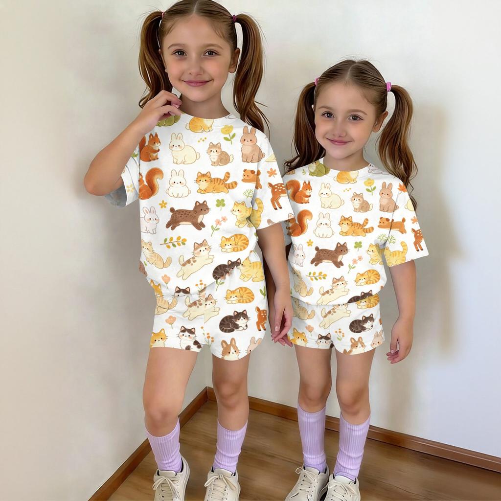 Kids Casual Short Sleeve Top and Shorts Set Animal Print Lightweight Soft Fabric Comfortable Fit Summer Outfit for Boys Girls