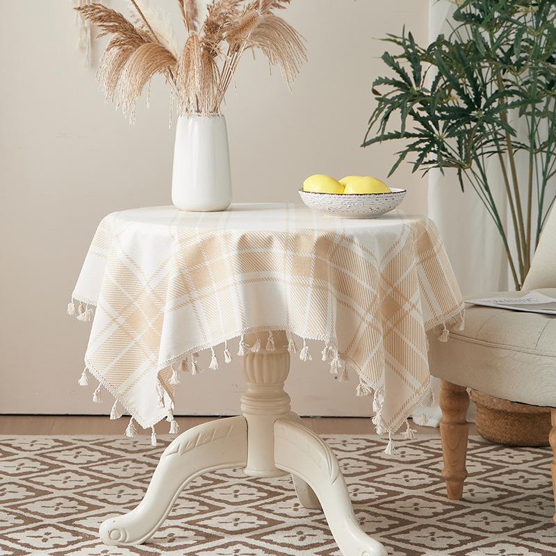 Cotton And Linen Small Fresh Navy Blue Small Flower Round Tablecloth Household Living Room Homestay Decoration Fringed Tablecloth