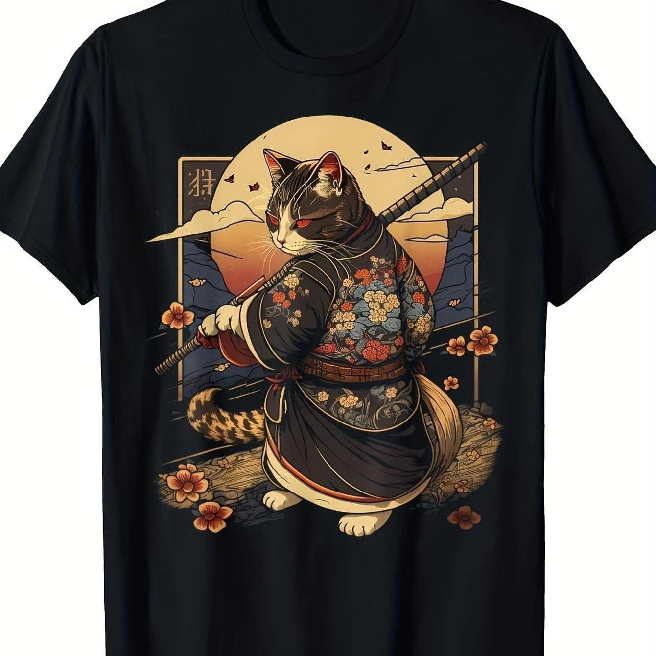 Black Cat Samurai Graphic T-Shirt Japanese Anime Style Streetwear Tee XL