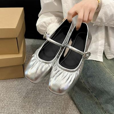 Gentle Wind Silver Shallow Mouth Mary Jane Shoes Single Shoes Female Summer Retro Soft Flat Granny Shoes