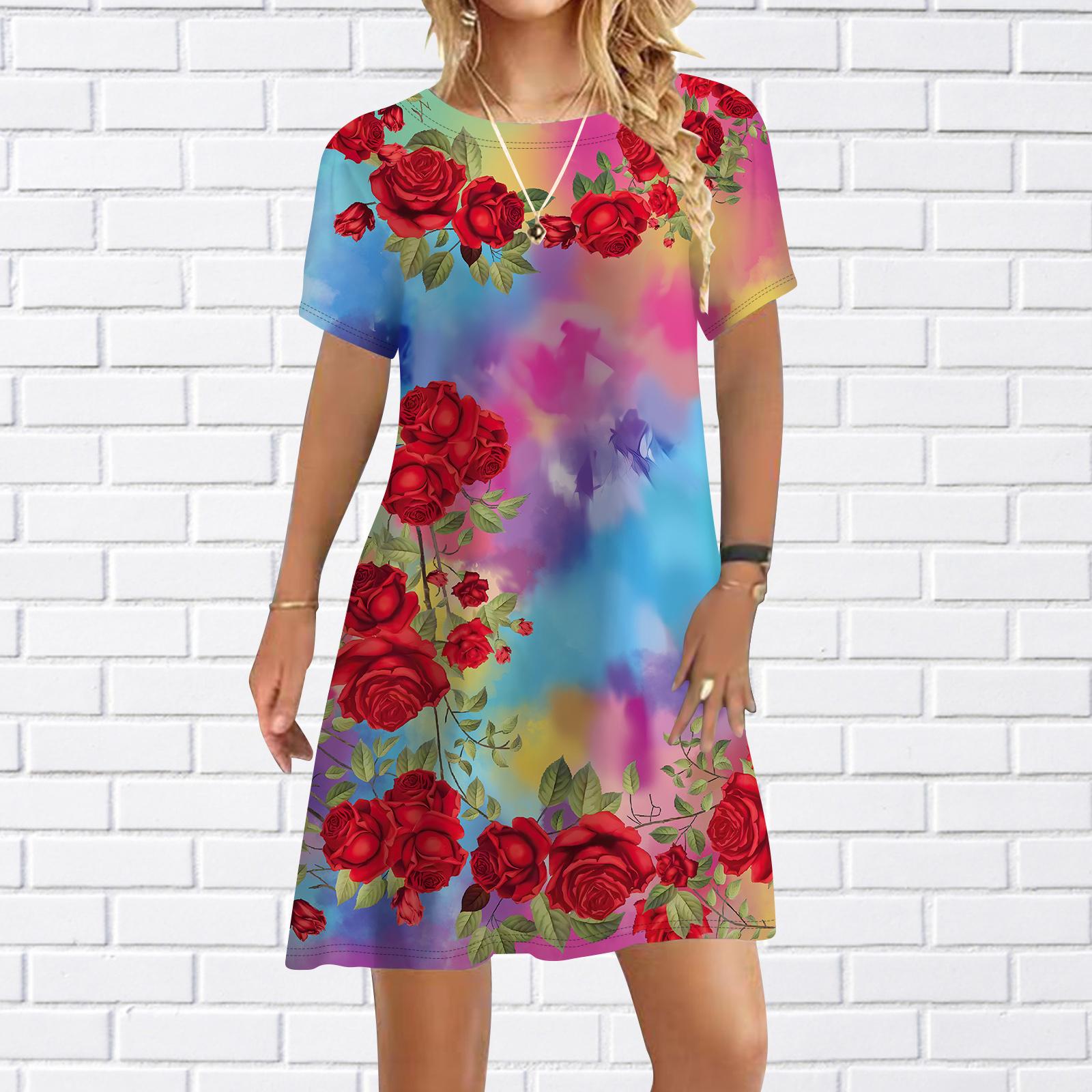 

Женское повседневное платье Летние платья с принтом оранжевых роз для женщин Платье с коротким рукавом и круглым вырезом размера плюс 2XL разноцветный