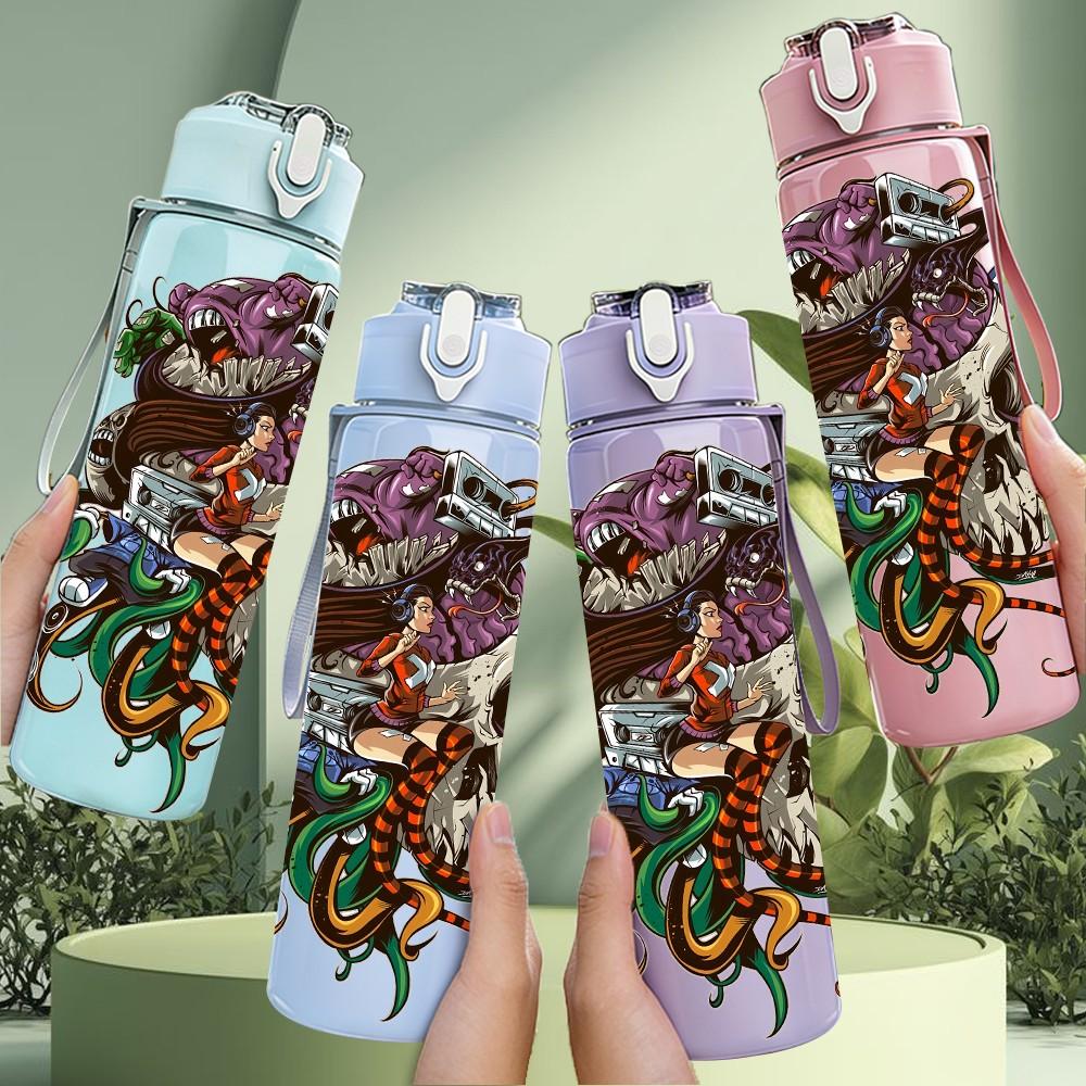 1PC Dense Abstract Plant Creature 750ml Color Plastic Sports Water Bottle Leakproof Flip Straw Lid Suitable for Sports Office Home Use