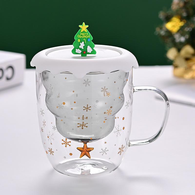 Double Layer Insulated Christmas Cup with Lid Coffee Cup High Borosilicate Glass Cup Wholesale with Handle Glass Decorative Cup