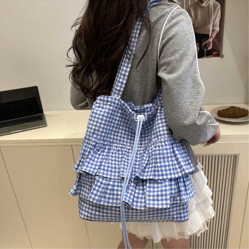 Cute Plaid Cotton Tote Bag Large Capaci Lace Trim Women's Summer Simple Lady Handbag Soft Shoulder Bags Bolsa Feminina