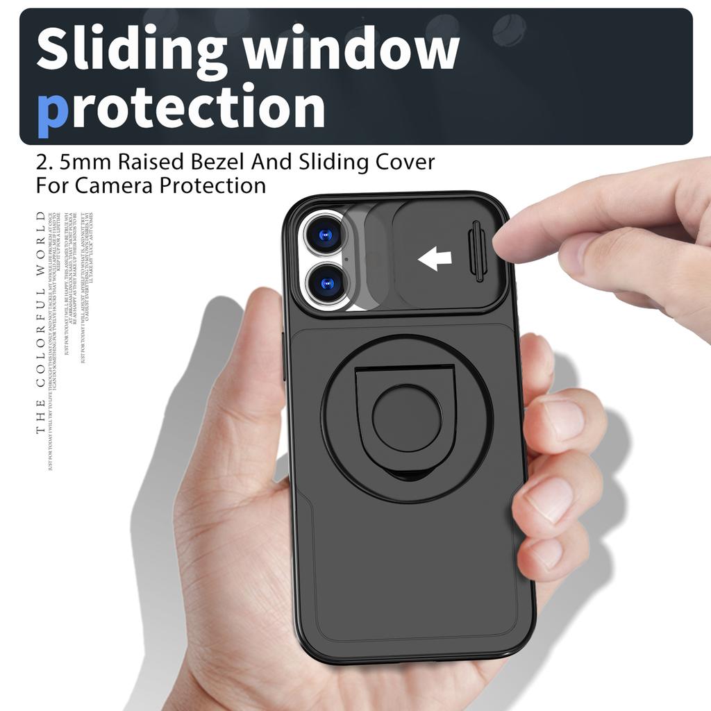 For iPhone 16 Magnetic Case Slide Camshield TPU+PC Kickstand Phone Cover
