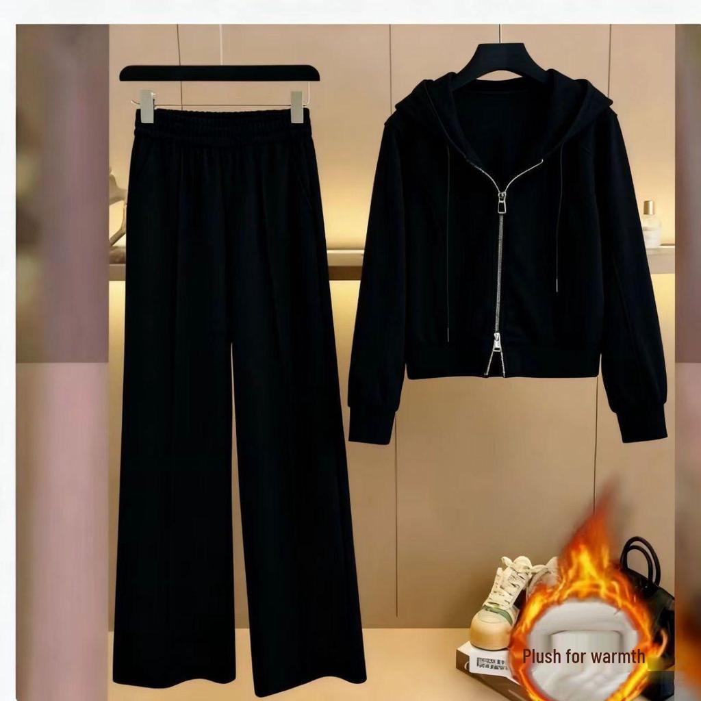 Women's Fleece-Lined Hooded Sweatshirt & Wide-Leg Pants Set - Slimming Casual Sportswear for Autumn/Winter 2025.