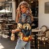 Women's Halloween Print Round Neck Tie Front Ruffle Blouse Three-Quarter Sleeve Top
