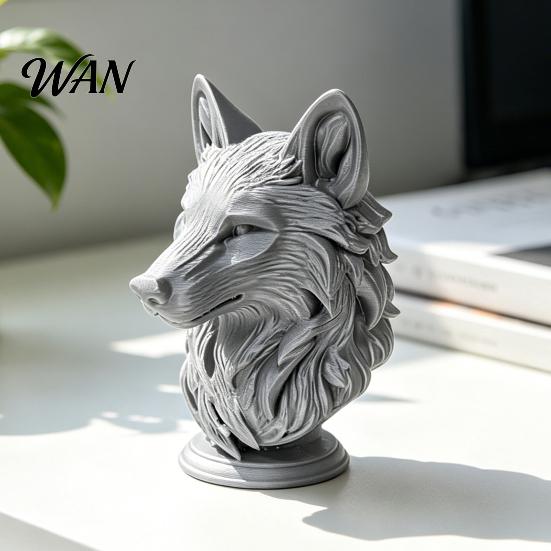 Animal Head Sculpture 3D Printed Wolf Figurine, Realistic Statue with Round Desktop Ornament Base, Wild for Home Office Bookshelf Decor PLA Figurine