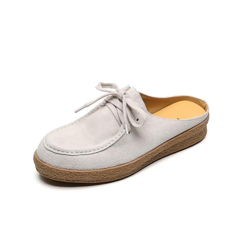 Fashion New Cow Suede Summer Slippers Cover Toe Slippers for Women Fashion Round Toe Lace Mules Shoes Ladies Shoes Flat Shoes Slippers