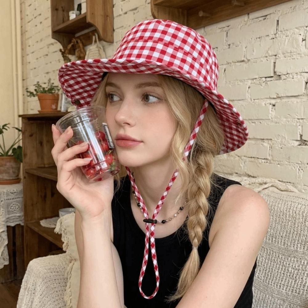 Fashion Vintage Bucket Hats Sweet Lace-up Plaids Versatile Fisherman's Hat Big Brim Sun Protection Sun Hat Summer