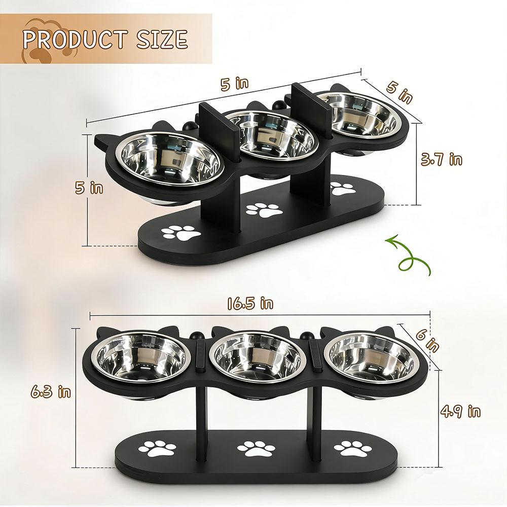 Elevated Black Cat Ear 3 Bowl Cat Feeder Solid Wood Frame and Stainless Steel Bowls Pet Feeding Rack for Indoor Multiple Cats