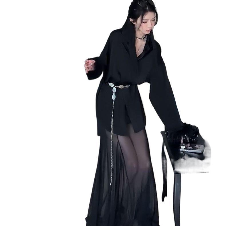 Chic Retro Black Suit Set: Women's Spring/Summer Mesh Spliced Loose Shirt & Long Skirt Two-Piece