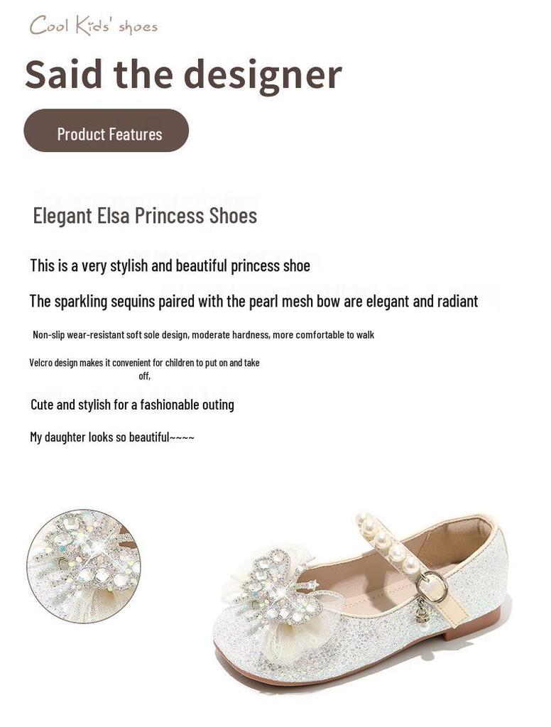 2026 Spring Girls' Princess Leather Shoes with Rhinestone Bow & Soft Sole