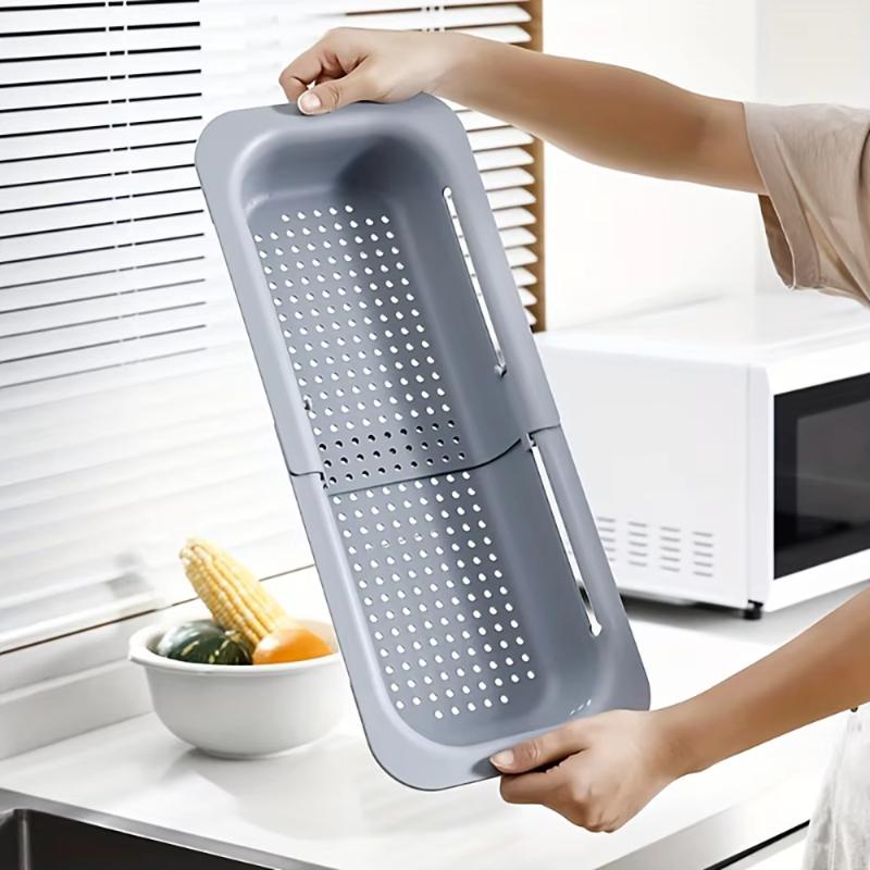 Sink Colander Basket, Organizer Storage Blue, Draining Plate - Expandable Home Kitchen Essentials (7.9Wx14.5-19.5Lx2.75H) Gray