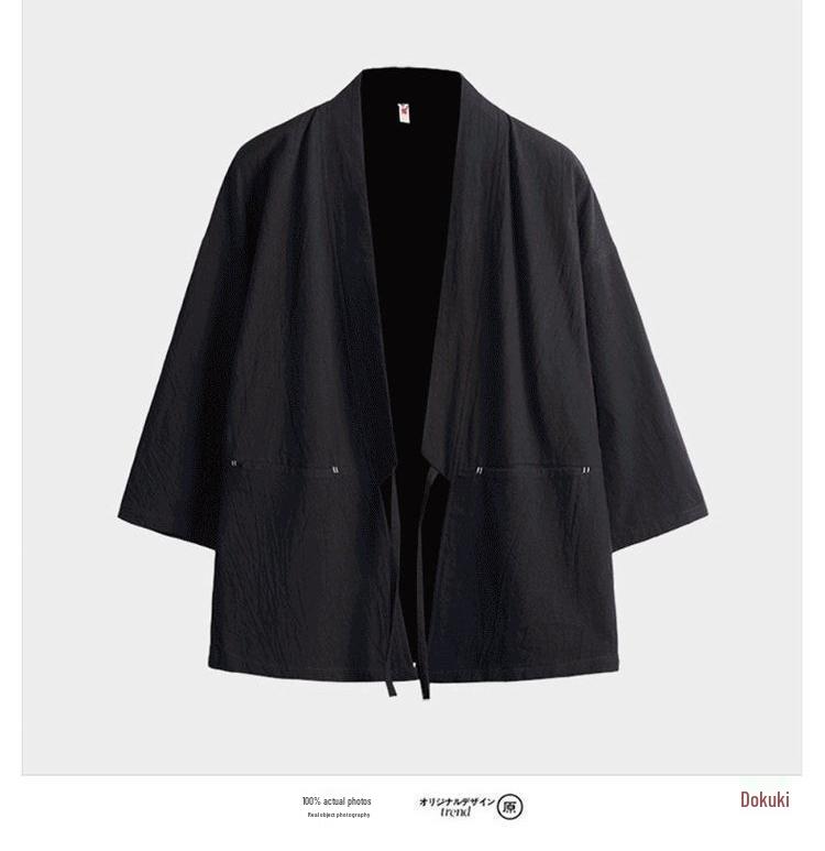 Men's Japanese-Style Hanfu Kimono Cardigan - Feather Weave, Three-Quarter Sleeves, Sun Protection Taoist Robe Jacket