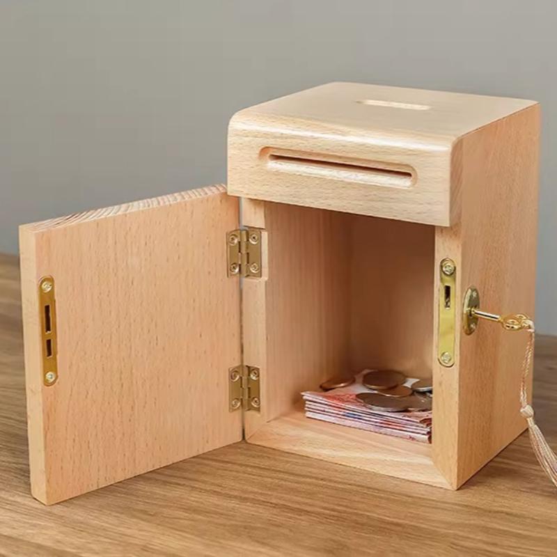 Walnut Wood Money Boxes Children Closed Piggy Bank Home Decor Storage Box with Lock Children's Room Decorative Ornaments