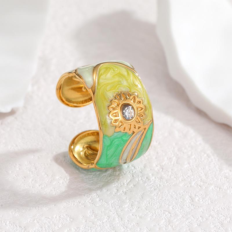 Rhinestone Sunflower Drip Oil Open Ring: European & American Style, Fashionable Titanium Steel Jewelry for Women