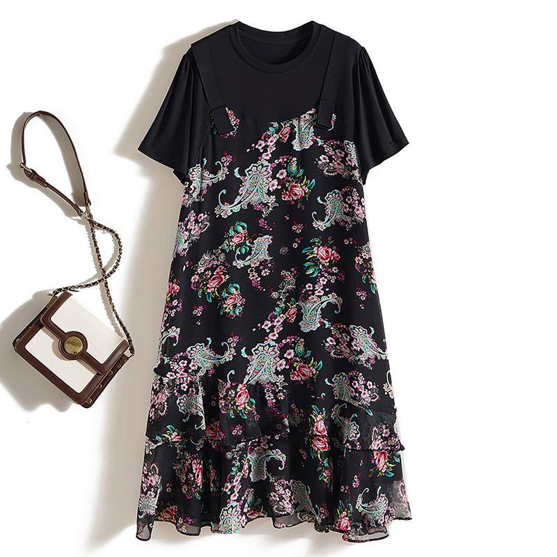 

The Goddess Arrived to Make Way! Summer Refreshing Floral Fake Two-Piece Suspender Harajuku Poplin Yarn Asymmetrical over the Knee Dress Black 4XL