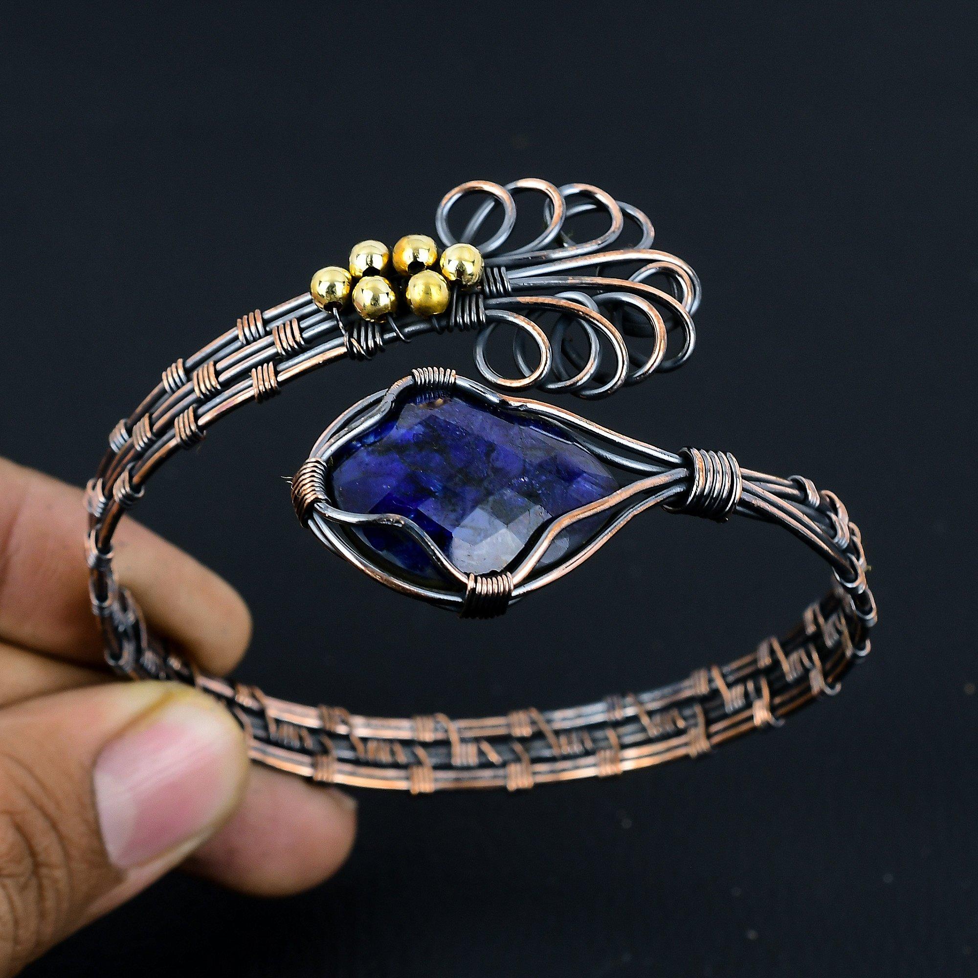 

Браслет с синим сапфиром, Браслет с драгоценным камнем ручной работы, Антикварные украшения, обернутые медной проволокой 999 пробы, Для подарка на помолвку