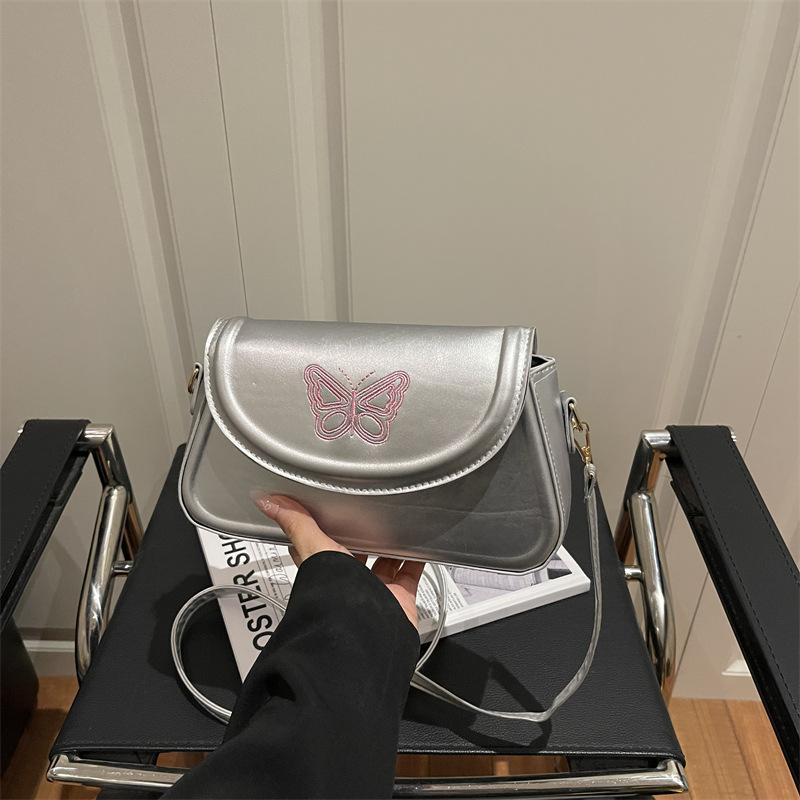 Korean Version Embroidered Butterfly Bag Women's 2025 New Handbag Texture Casual Simple Shoulder Bag Solid Color Small Square Bag