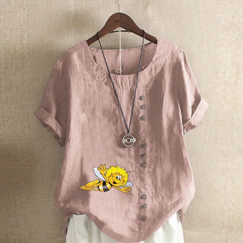 Women's New Fashion Linen Shirt Round Neck Short Sleeve Honeybee Printed T-shirt Summer Ladies Casual Plus Size Blouse Tops