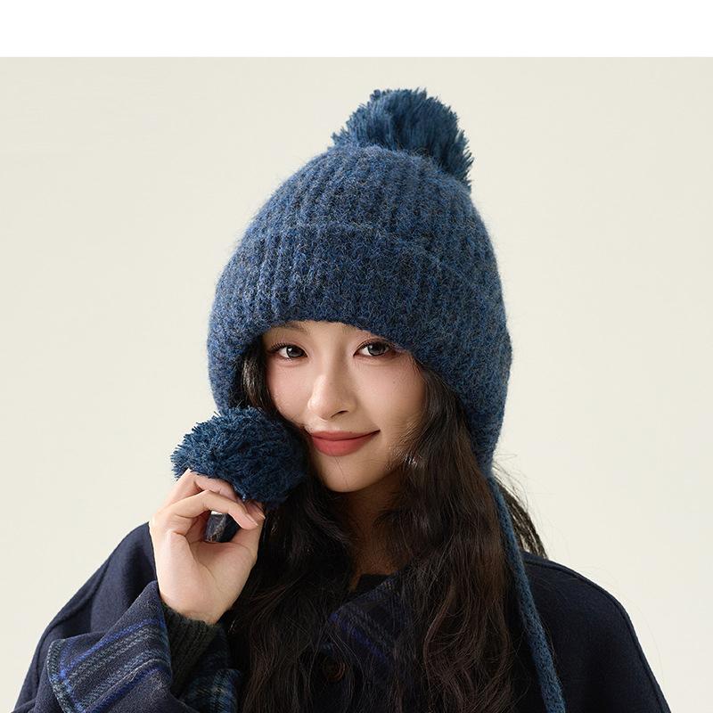 Autumn Winter Fur Ball Ear Protection Knitted Hat Cold-Proof Warm Big Head Wool Hat