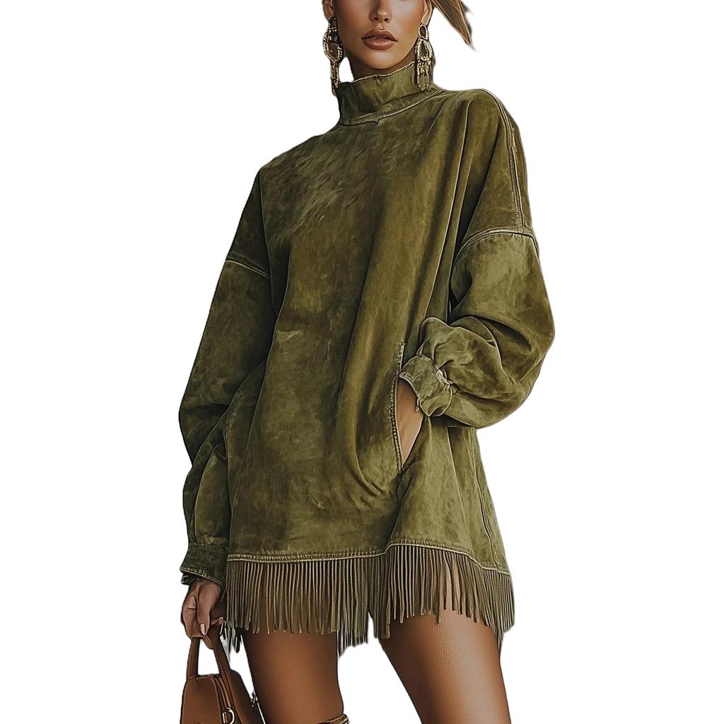 Women's Solid Color High Neck Loose Pocket Tassel Long Sleeved Suede Dress