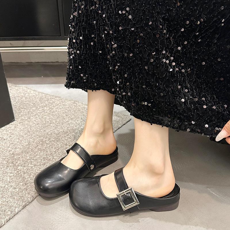 Half drag flat bottom bag head half slippers women's summer outer wear single shoes women's new niche beige