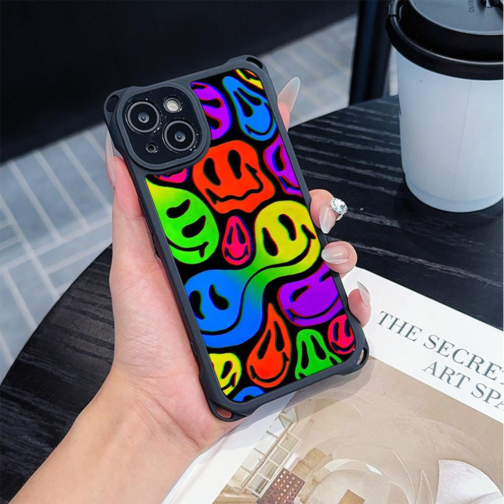 Ae88 Lovely Smiley Art Soft Phone Cases for iPhone 16 15 14 13 12 11 Pro Max XR with Wrist Strap Lanyard Corner Protection Back Cover